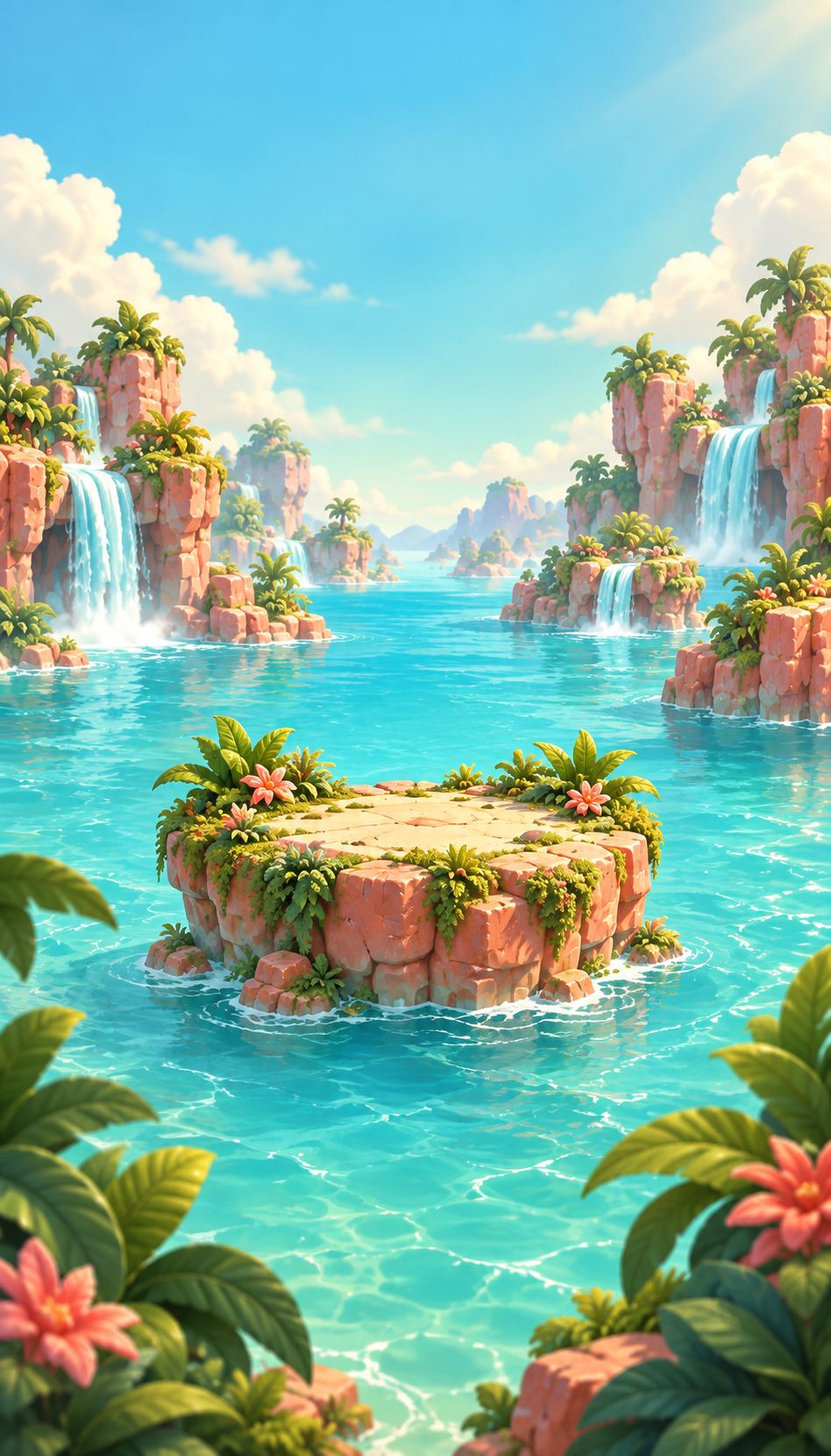 A sunlit lagoon with turquoise water and playful coral islands